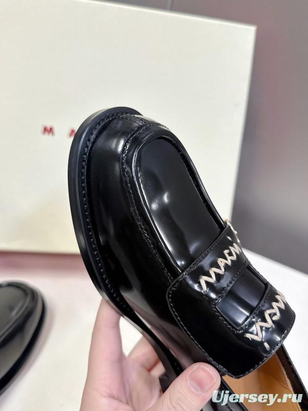 2025 Women Marni Black Leather Loafers KFY00320