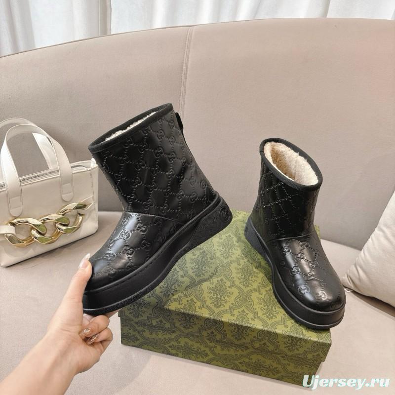2024 Women Gucci Black Leather Suede Shearling Snow Boots MJ00350