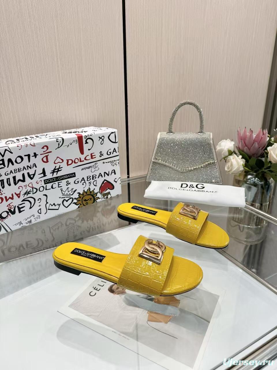 2025 Women Dolce & Gabbana Yellow Leather Slippers LY00190
