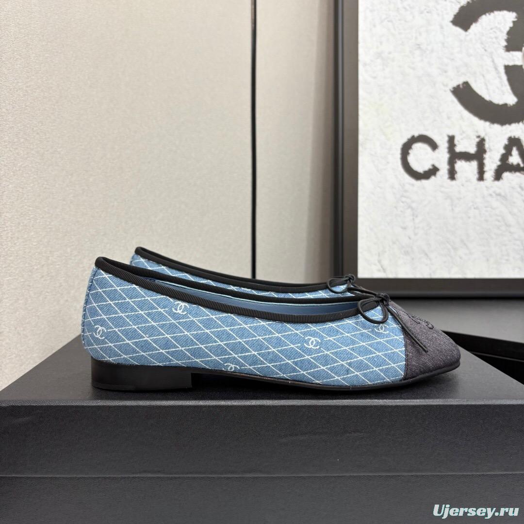 2025 Women Chanel Blue Black Fabric Leather Ballet Flats