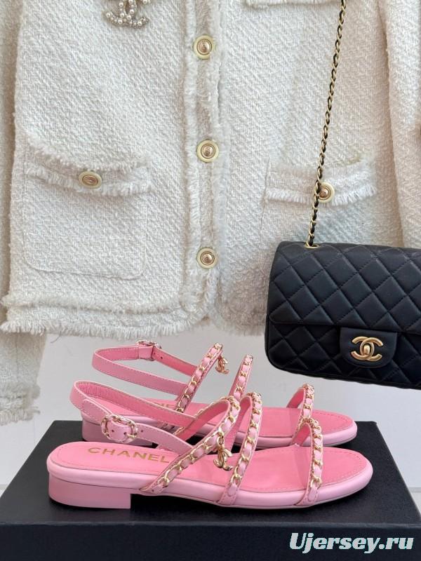 2025 Women Chanel Pink Leather Chain Strap Sandals
