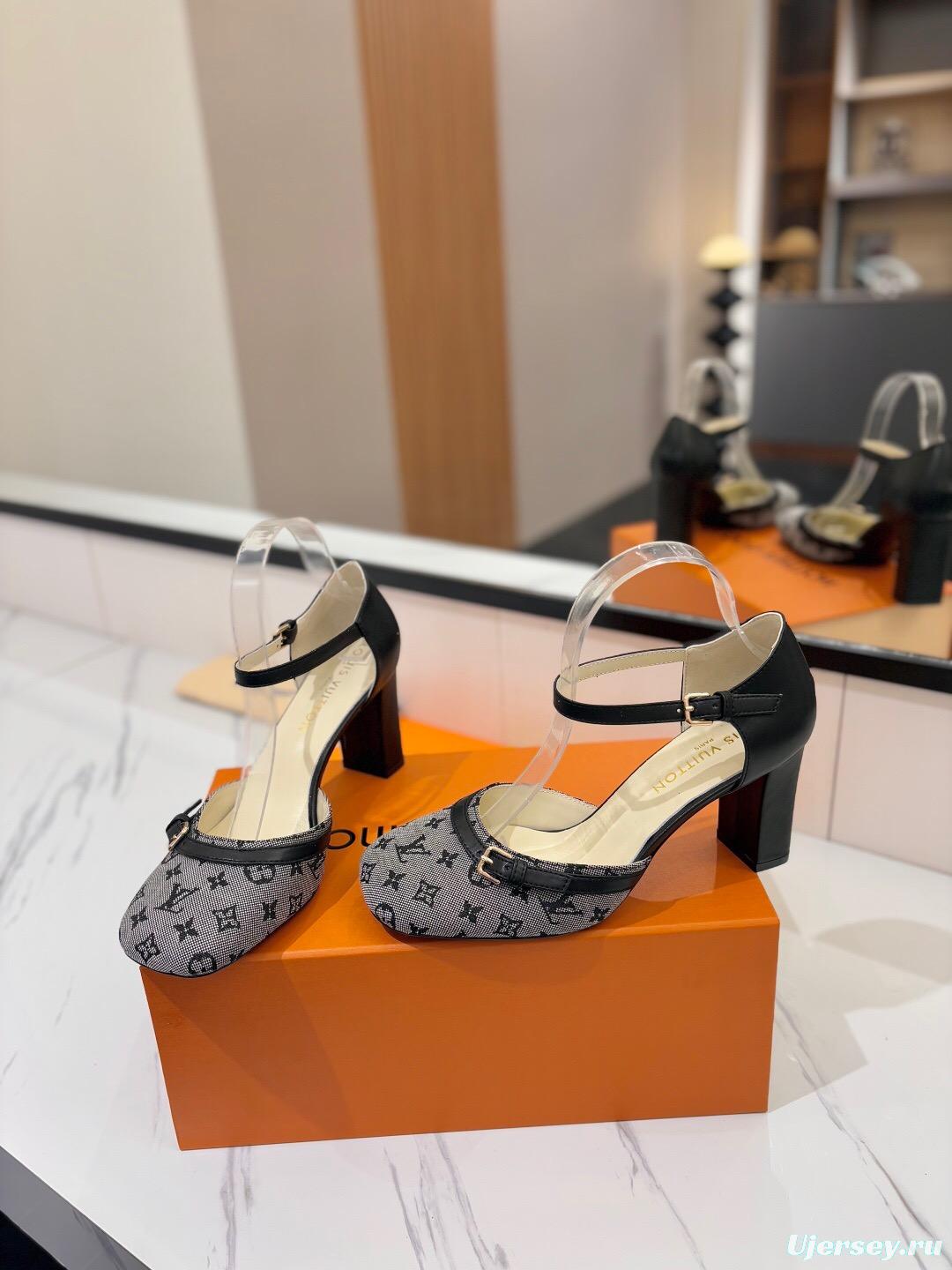 2025 Women Louis Vuitton Grey Black Denim Leather Heeled Sandals KFY00310