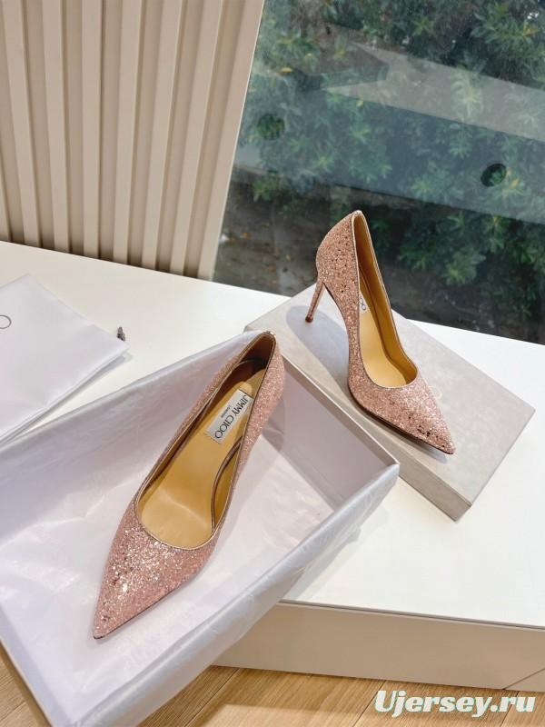 2025 Women Jimmy Choo Pink Glitter Leather Pointed Toe Pumps KFY00280