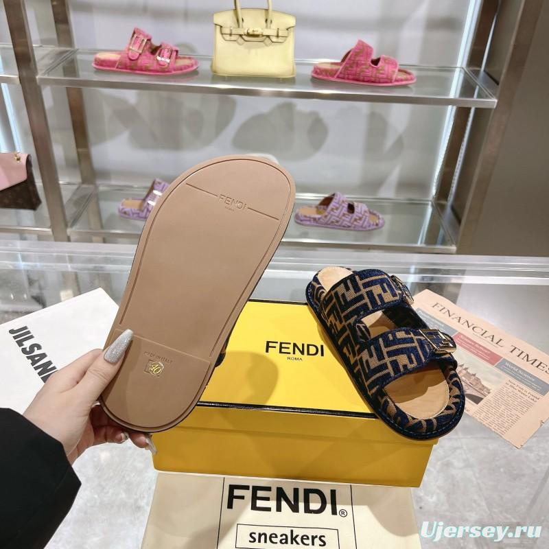 2025 Slippers Fendi Blue Brown Jacquard Buckle KFY00250