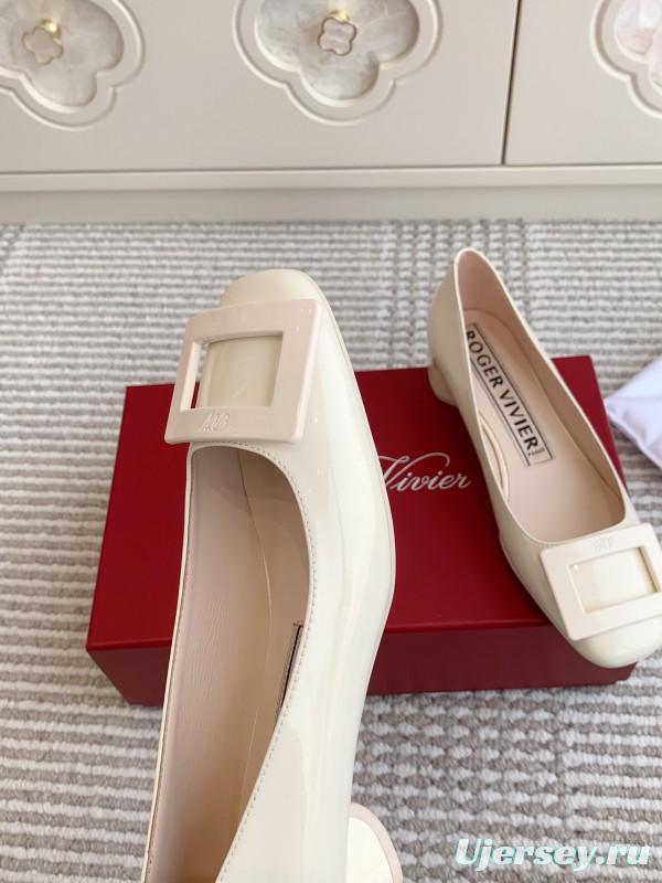 2025 Women Roger Vivier White Patent Leather Pumps Square Buckle