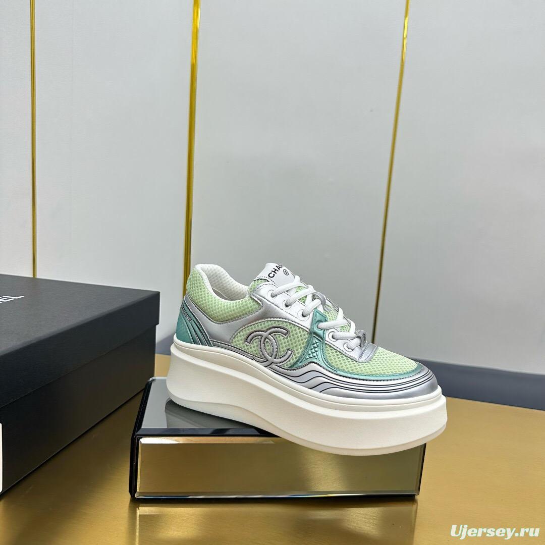 2025 Women Chanel Green Silver Mesh Leather Platform Sneakers
