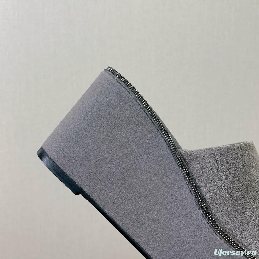 2025 Women BRUNELLO CUCINELLI Grey Suede Platform Slide Sandals Elegant Craftsmanship LY00360(F)