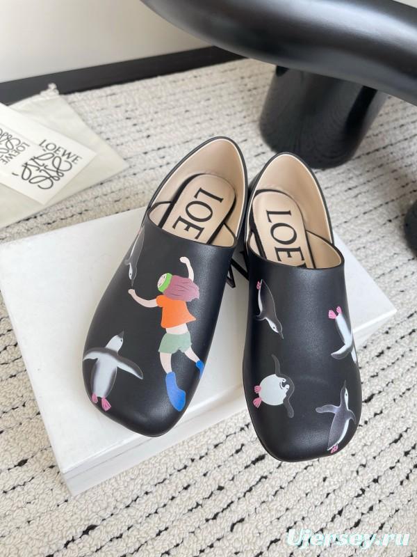2025 Women Loewe Black Leather Loafers Painted LY00270