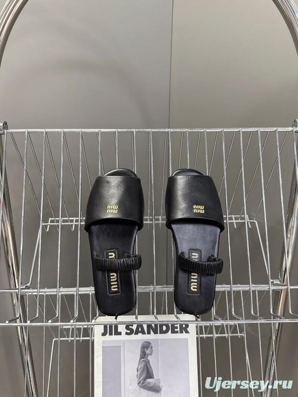 2025 Slippers Miu Miu Black Leather Slippers LY00