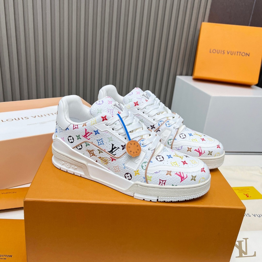 2025 Unisex Louis Vuitton White Multicolor Leather Plimsolls KFY00370