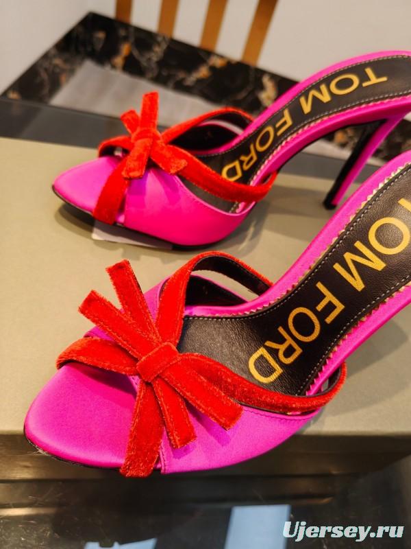 2025 Women TOM FORD Pink Red Silk Velvet High Heel Mules KFY00290