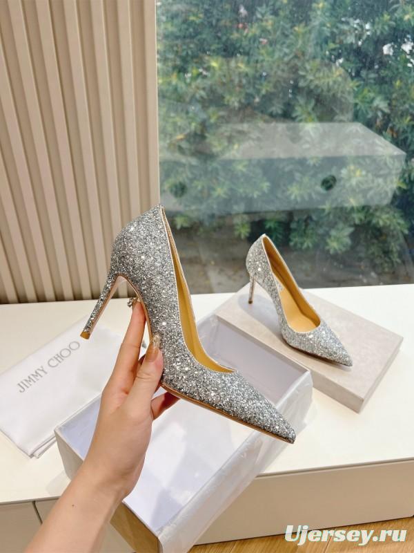 2025 Women Jimmy Choo Silver Glitter Leather Pointed Toe Pumps