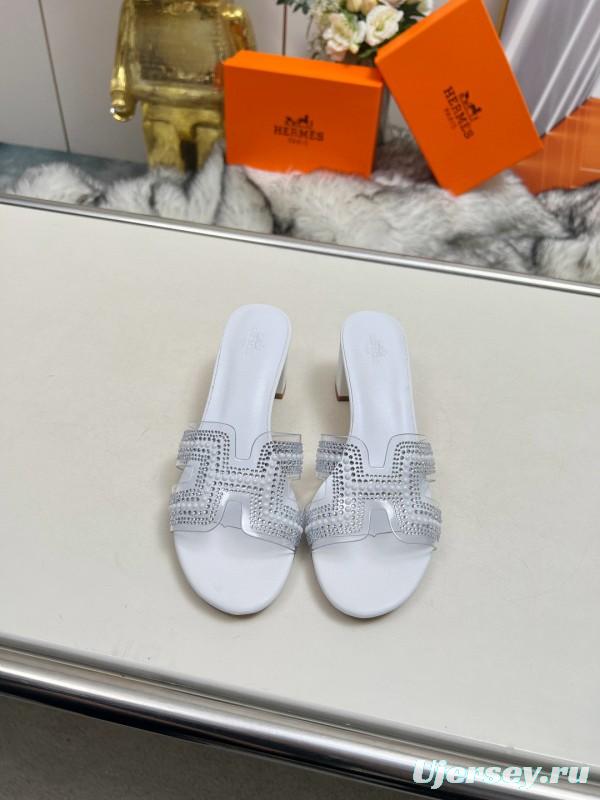 2025 Slippers Hermès White Leather Crystal MJ00180