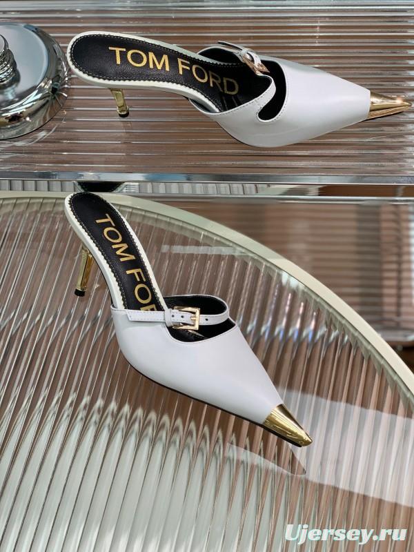 2025 Women TOM FORD White Gold Leather Pointed Toe Mules