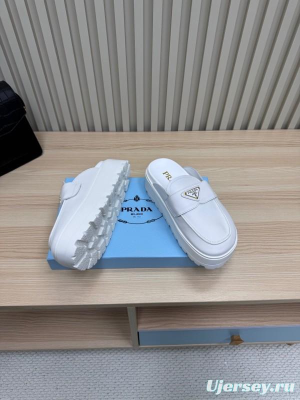 2025 Women Prada White Leather Slippers KFY00280