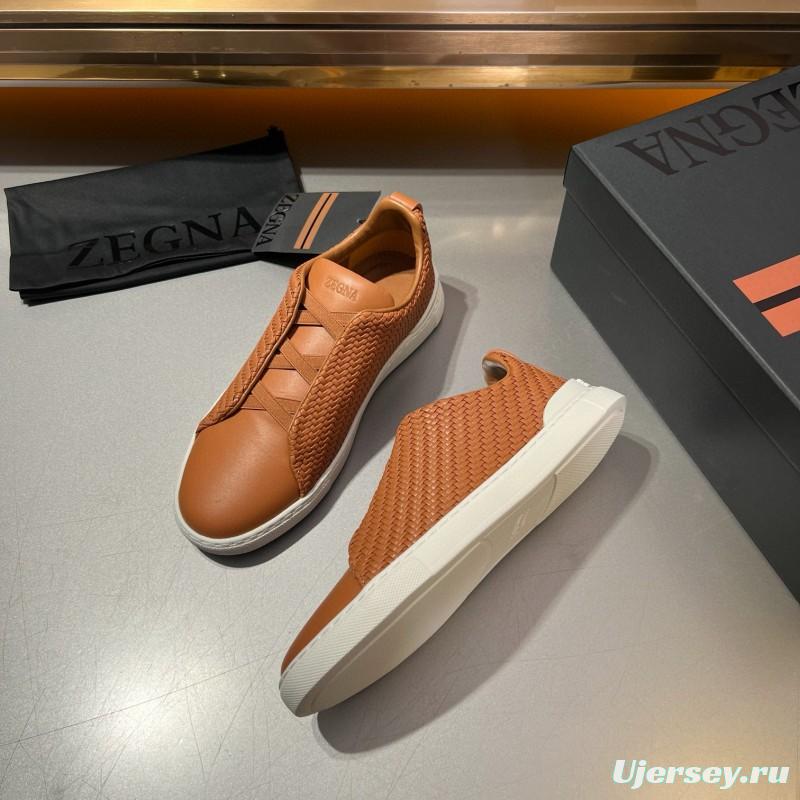 2024 Men Ermenegildo Zegna Brown Leather Woven Sneakers