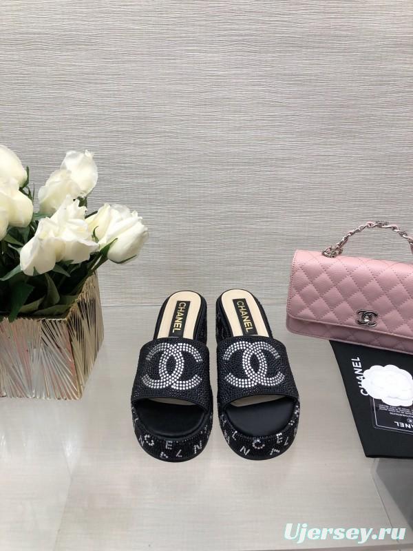2025 Women Chanel Black Fabric Rhinestone Slippers LY00320