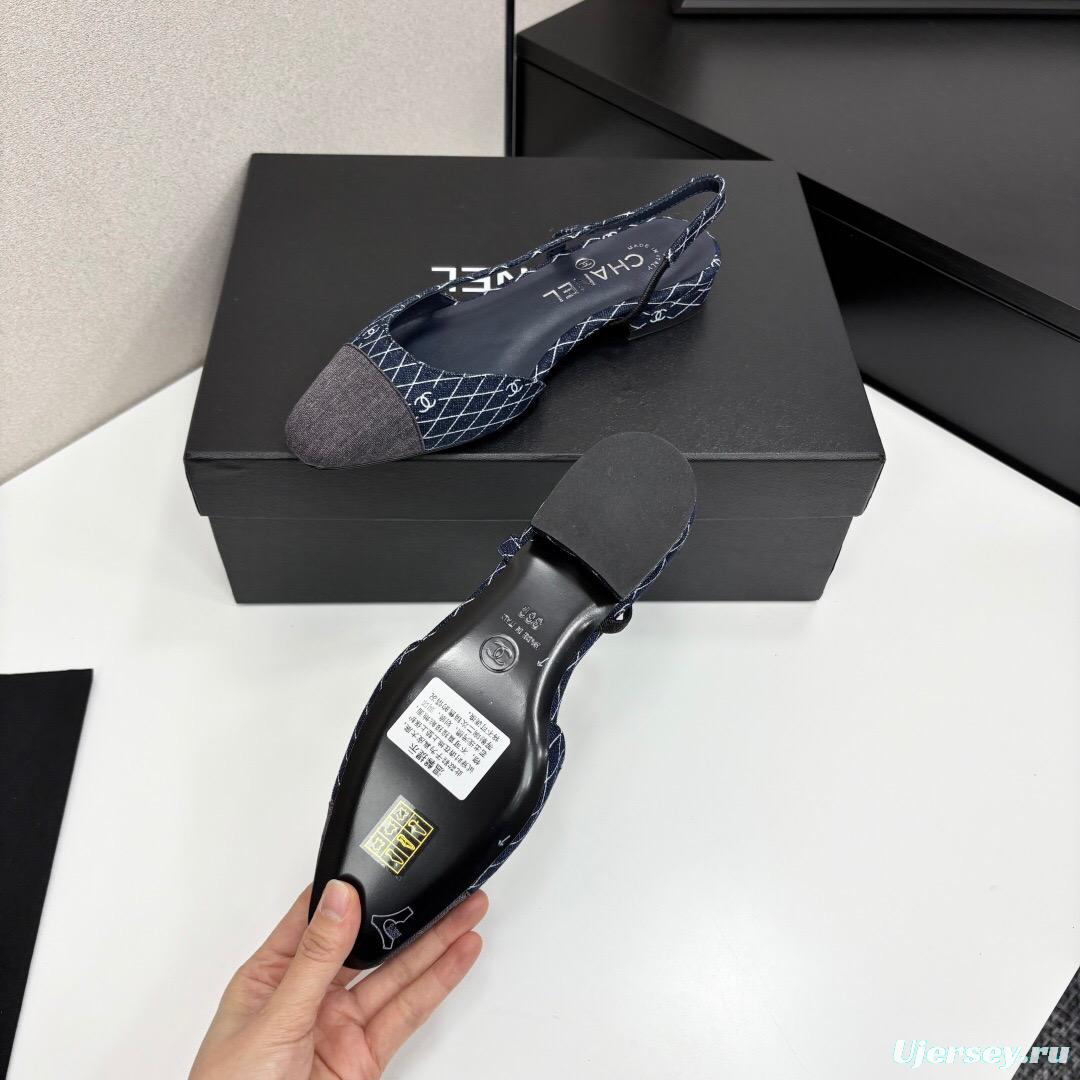 2025 Women Chanel Navy Blue Grey Fabric Leather Slingback LY00000