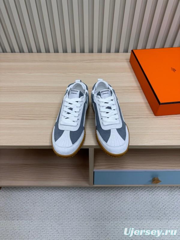 2025 Unisex Hermès White Grey Suede Canvas Sneakers KFY00300