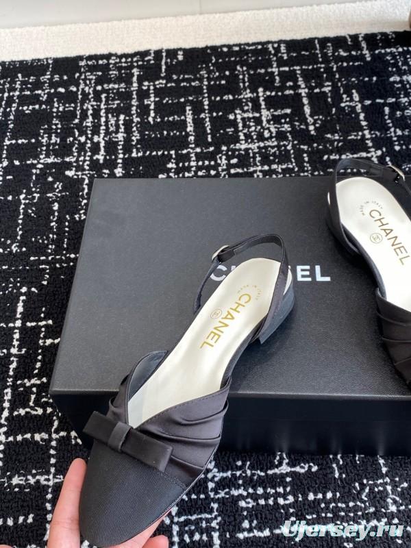 2025 Women Chanel Black Satin Silk Leather Sandals Bow KFY00289