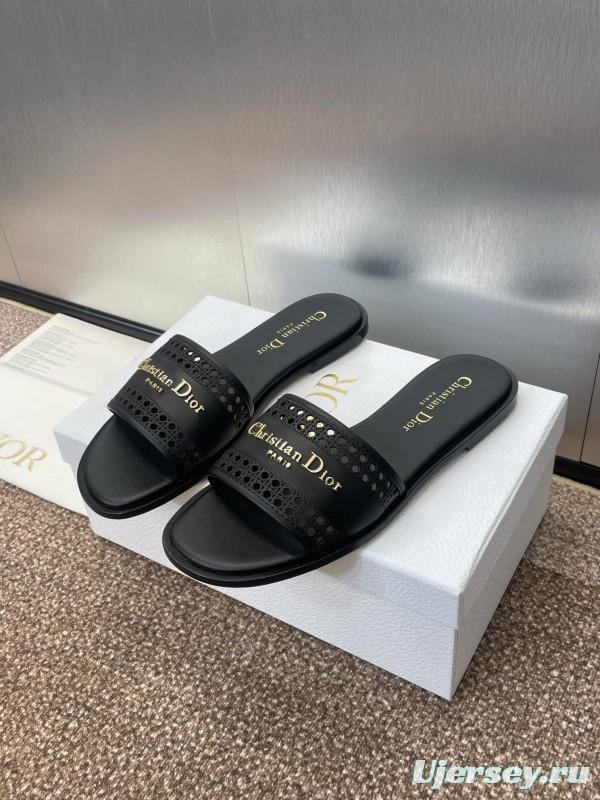 2025 Women Dior Black Leather Slides