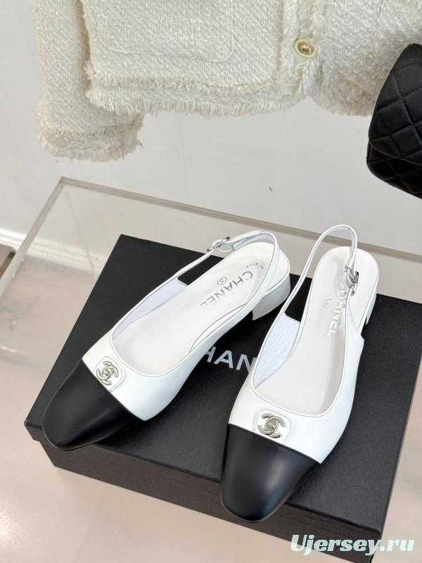 2025 Women Chanel White Black Leather Slingback Heels