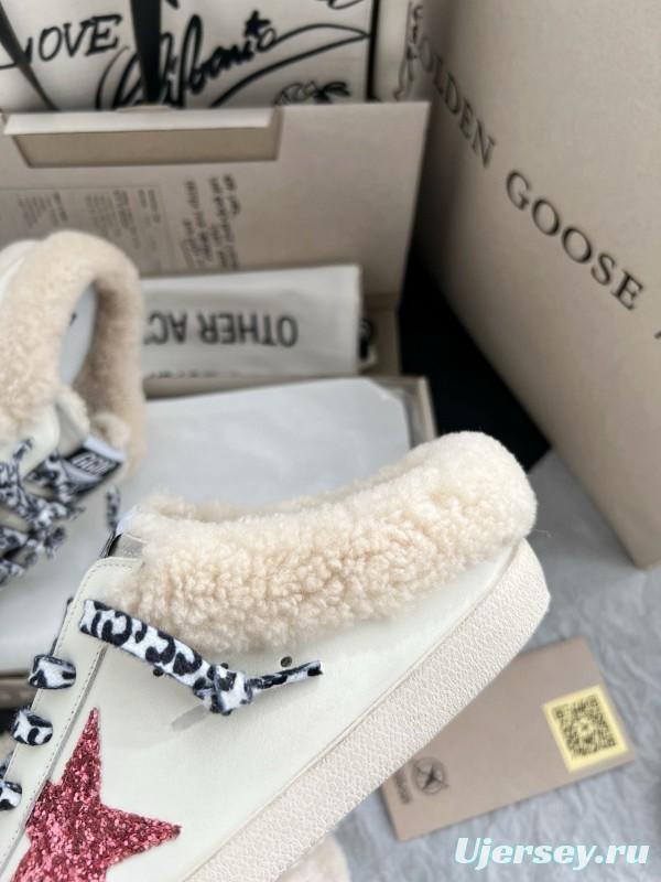 2024 Unisex GGDB White Pink Glitter Suede Leather Fur Slippers MJ00280