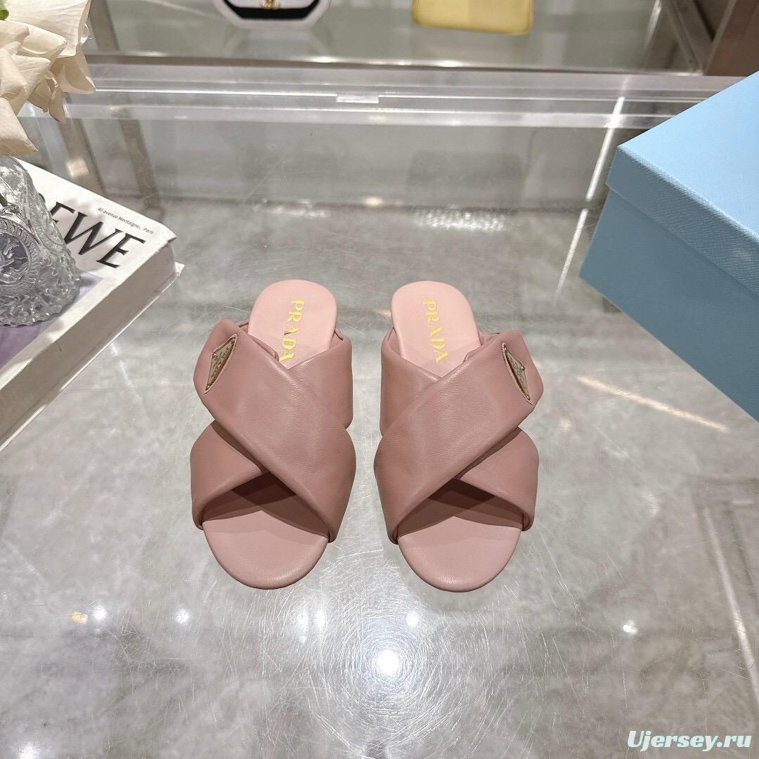 2025 Women Prada Pink Leather Slippers