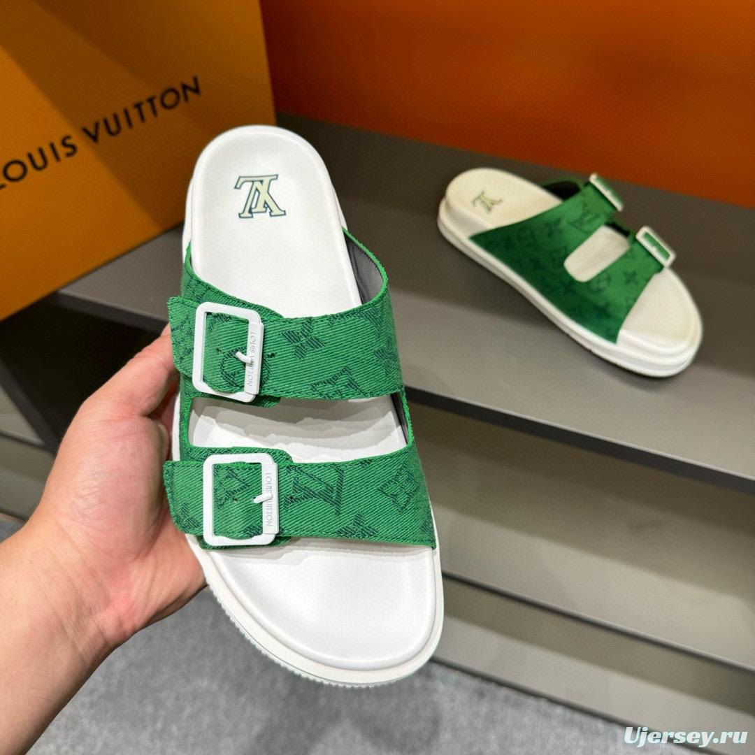 2024 Men Louis Vuitton Green Silk Leather Sandals MJ00210