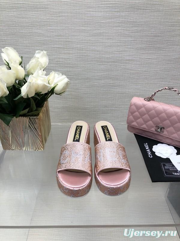 2025 Slippers Chanel Pink Rhinestone Platform Slip-On LY00320