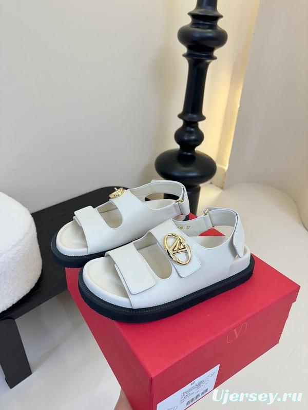 2025 Women Valentino White Leather Sandals V Buckle KFY00320