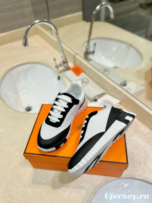 2024 Unisex Hermès Black White Silk Leather Mesh Sneakers MJ00320