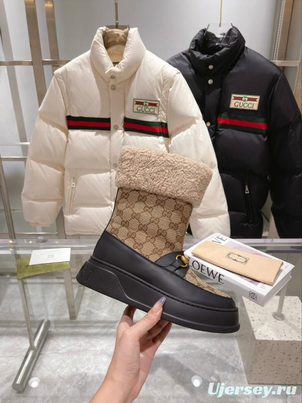 2024 Women Gucci Beige Brown Leather Snow Boots Horsebit MJ00420