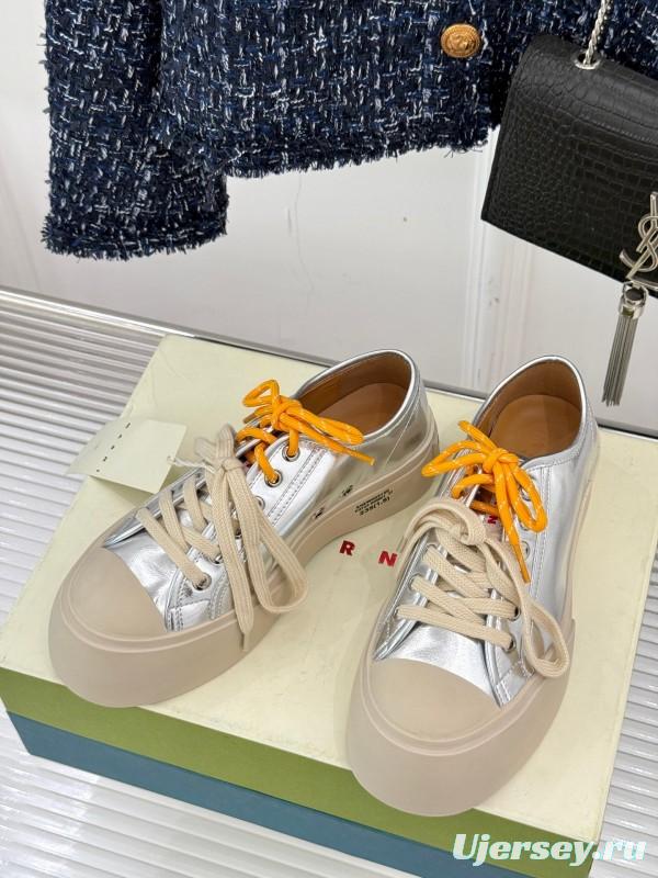 2025 Women Marni Silver Leather Thick Sole Retro Style Platform Sneakers LY00360(F)