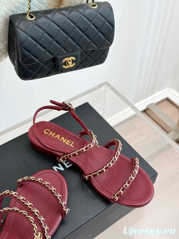 2025 Women Chanel Red Lambskin Chain Strap Sandals