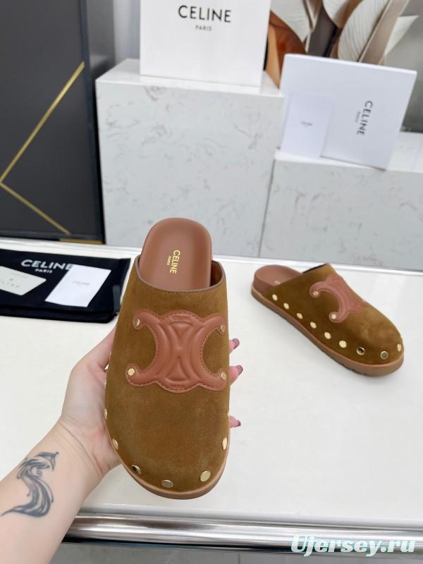 2025 Slippers Celine Brown Pink Suede Leather Studded LY00240