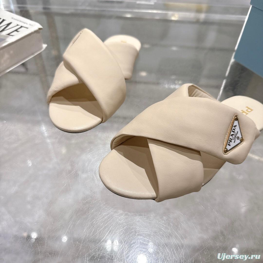 2025 Women Prada Cream Leather Slippers