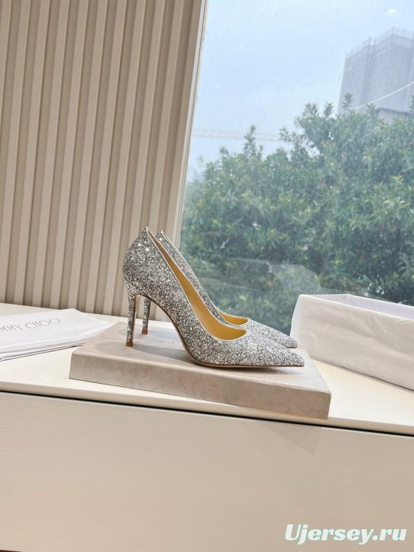 2025 Women Jimmy Choo Silver Glitter Leather Pointed Toe Pumps