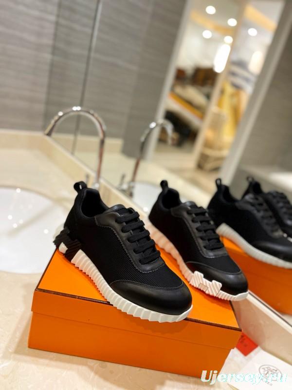 2024 Unisex Hermès Black Imported Glazed Calfskin Imported Rain Velvet Casual Sneakers MJ00320