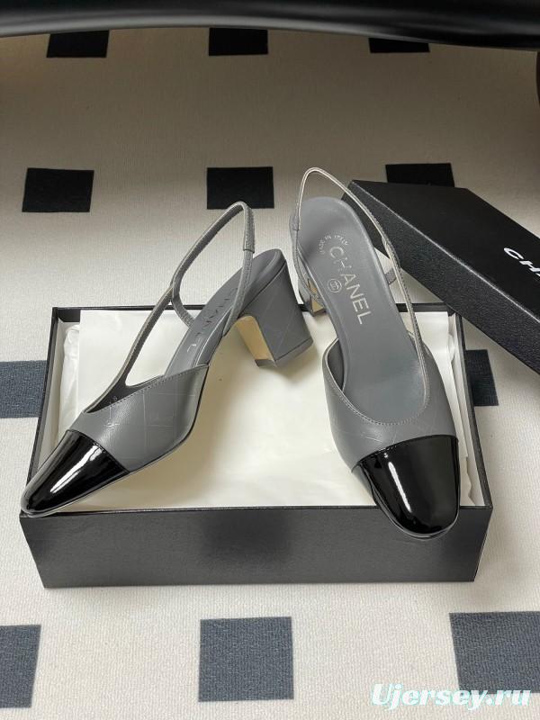 2025 Women Chanel Grey Black Leather Sling-back Heel