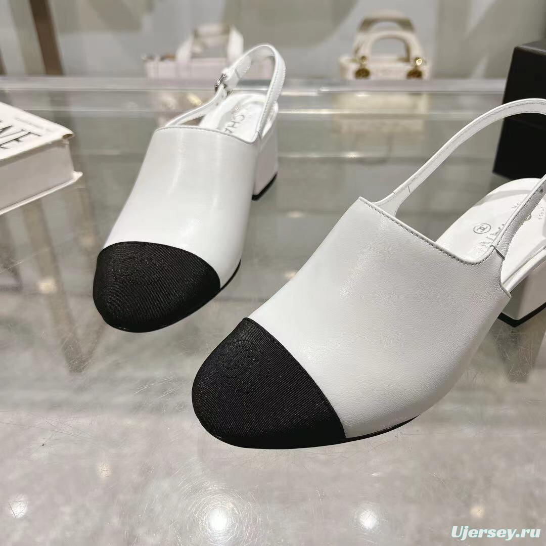 2025 Women Chanel White Black Leather Slingback Sandal LY00300