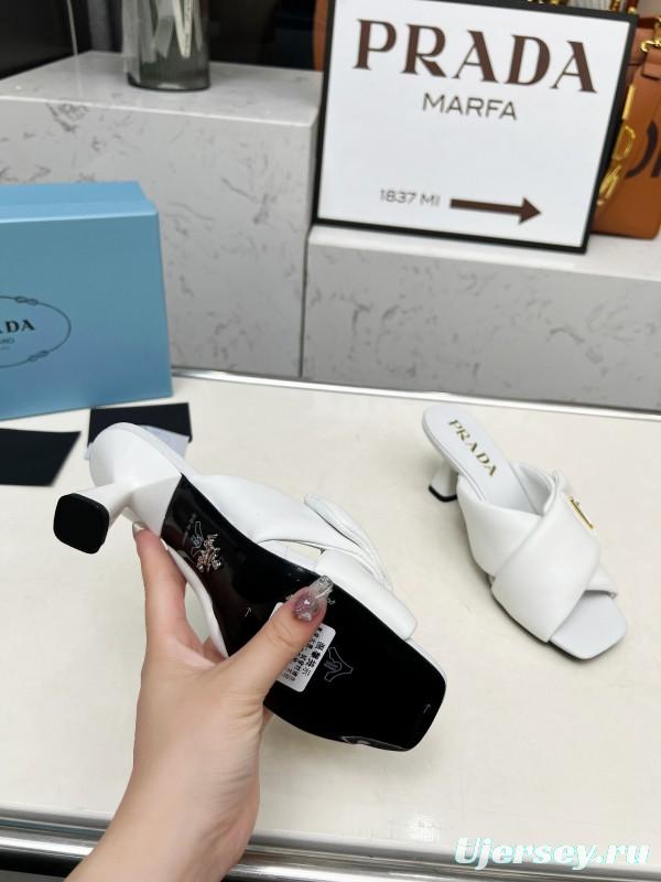2025 Women Prada White Calf Leather Heeled Slide LY00270