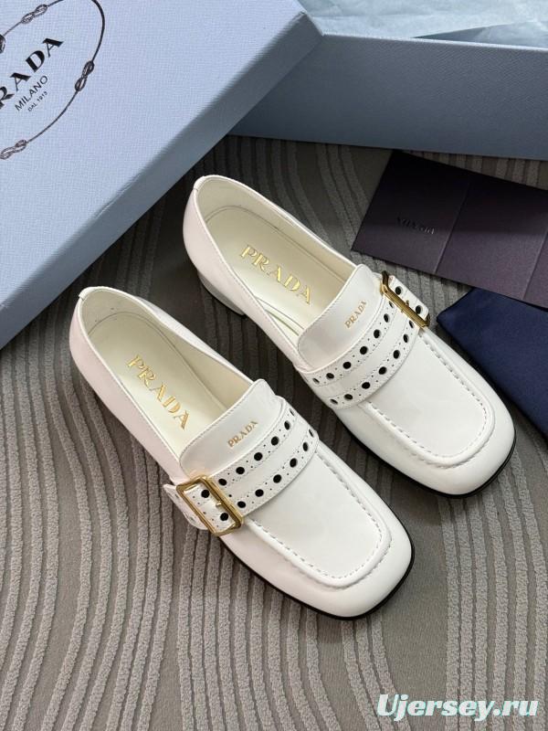 2025 Women Prada White Leather Loafers KFY00320