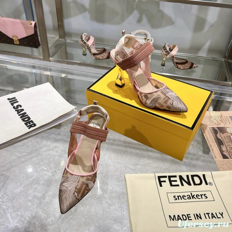 2025 Women Fendi Pink Beige Fabric Leather High Heels