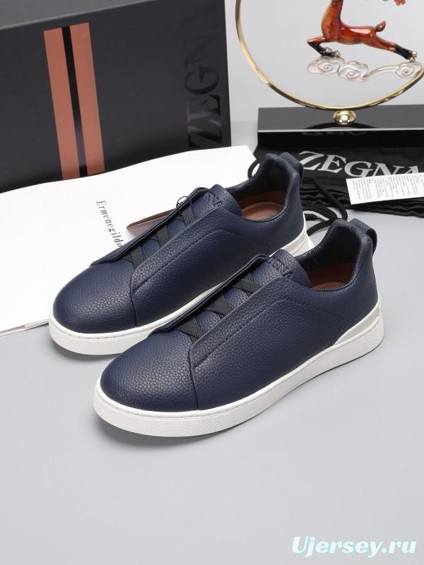 2024 Men Ermenegildo Zegna Navy Leather Low Top Sneakers MJ00240