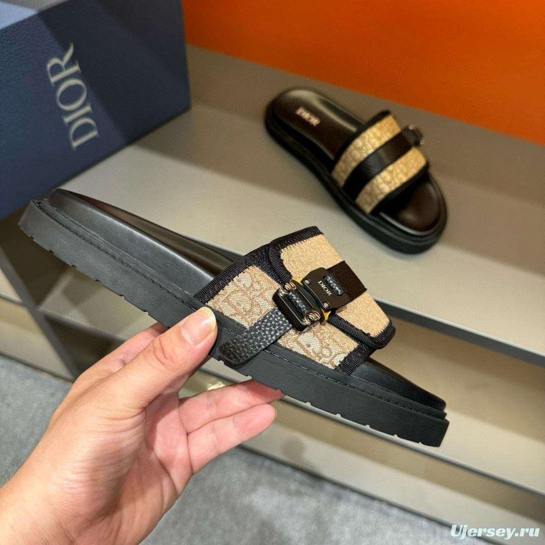 2024 Slippers Dior Beige Black Leather Canvas Slippers