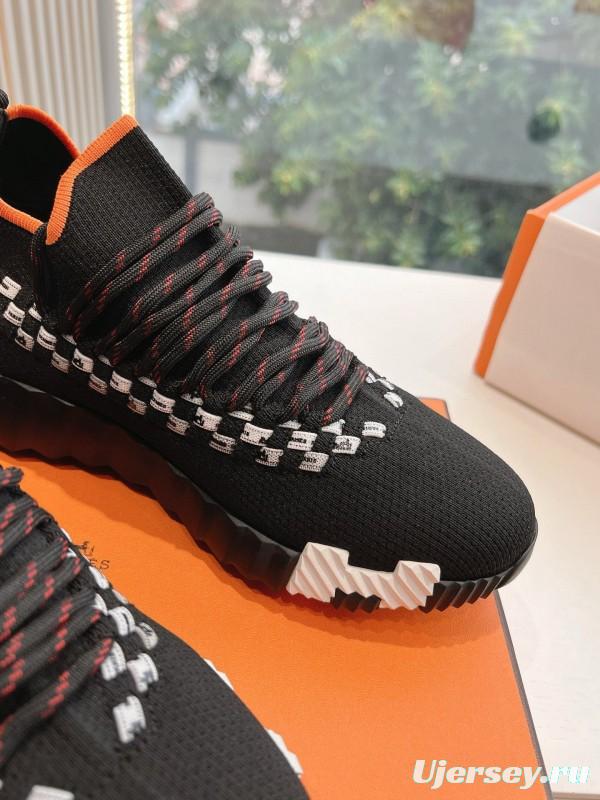 2024 Unisex Hermès Black Orange Calf Suede Knit Sneakers MJ00290(W/M)