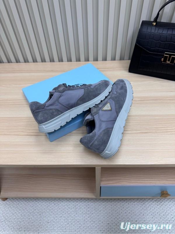 2025 Women Prada Grey Suede Leather Sneakers LY00300