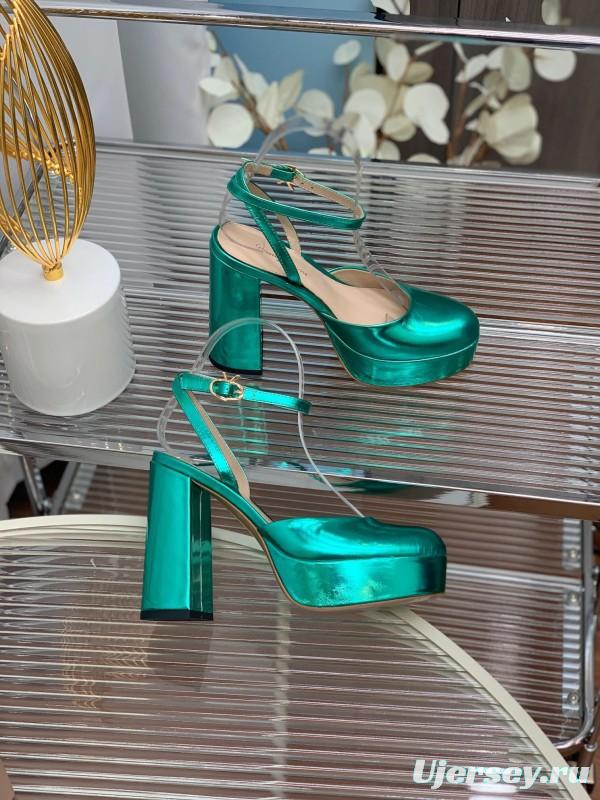 2025 Women Gianvito Rossi Metallic Green Leather Platform Sandals
