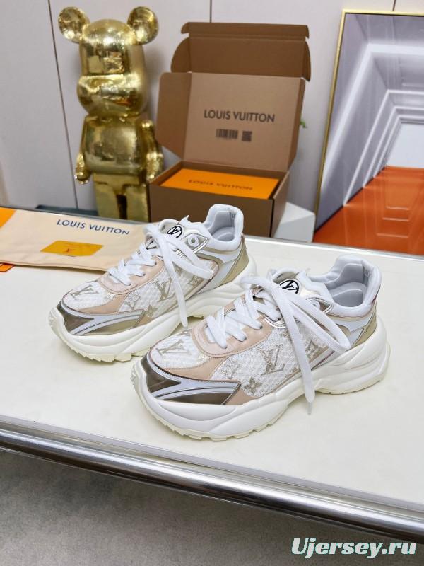 2025 Women Louis Vuitton White Beige Mesh Leather Sneakers LY00340